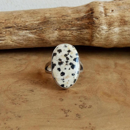 Choose your Big Oval Dalmatian Jasper Ring – Sterling Silver Spotted Stone