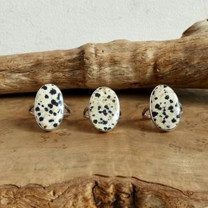 Dalmatian Jasper Ring - Big Spotted Jasper Ring - Black & White Stone Ring - Sterling Silver