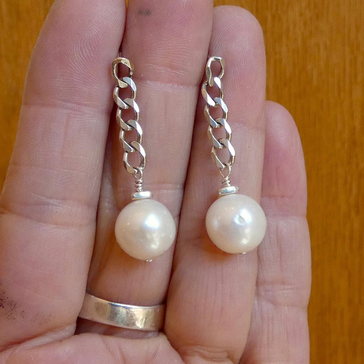 Chunky Pearl Chain Earrings - Sterling Silver Posts - Freshwater Pearls