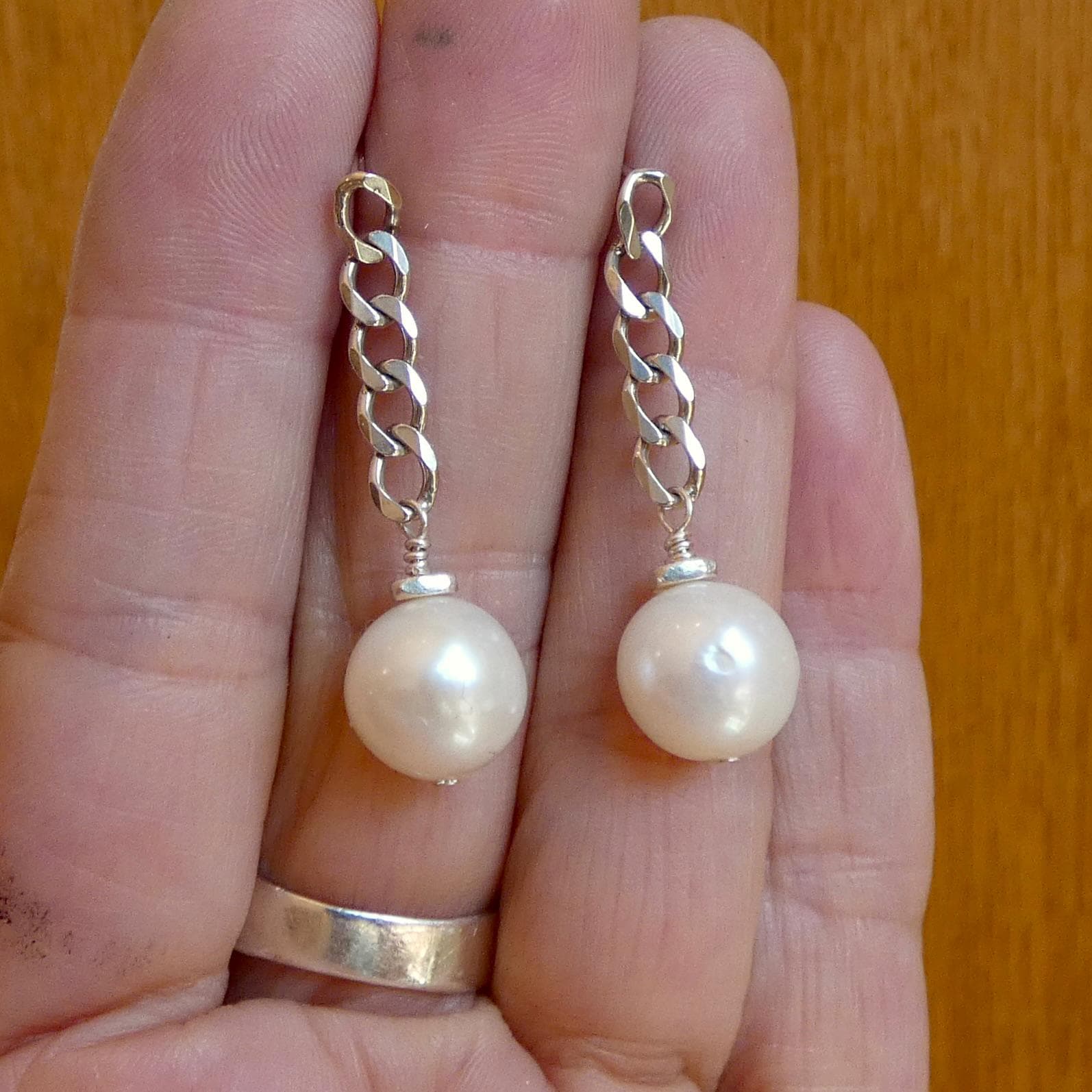 Chunky Pearl Chain Earrings - Sterling Silver Posts - Freshwater Pearls