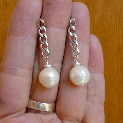 Chunky Pearl Chain Earrings - Sterling Silver Posts - Freshwater Pearls