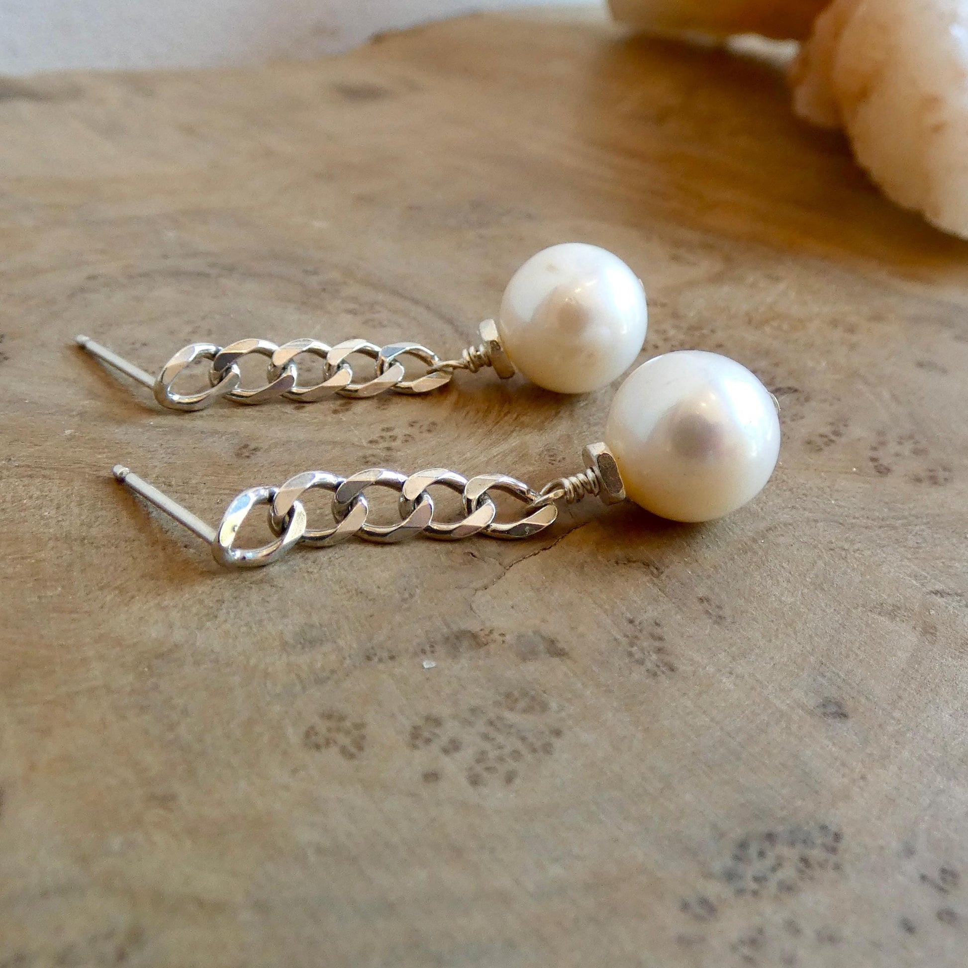 Chunky Pearl Chain Earrings - Sterling Silver Posts - Freshwater Pearls