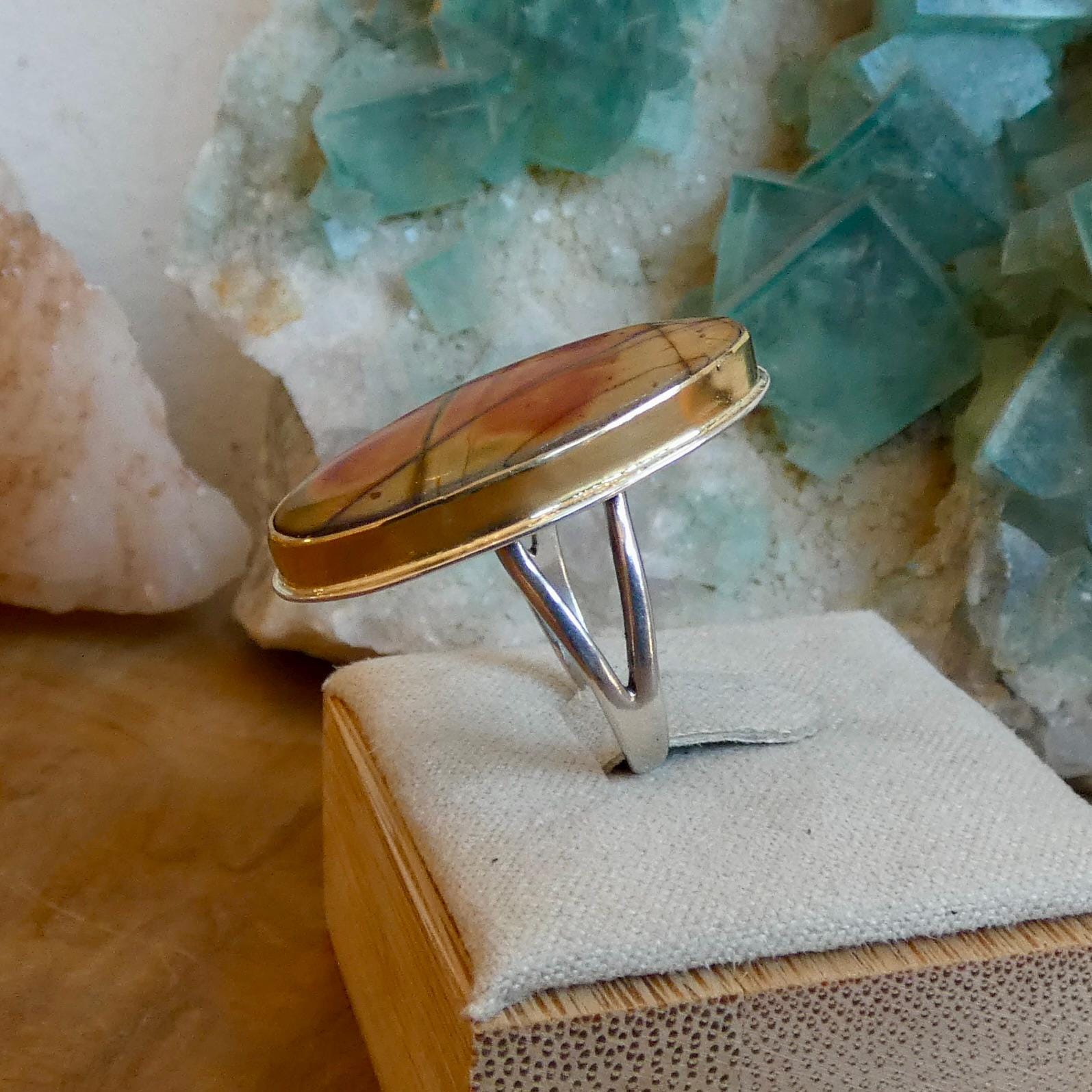 Red Creek Jasper Ring - 18K Solid Gold Bezel - Size 5 - 6 - Sterling Silver
