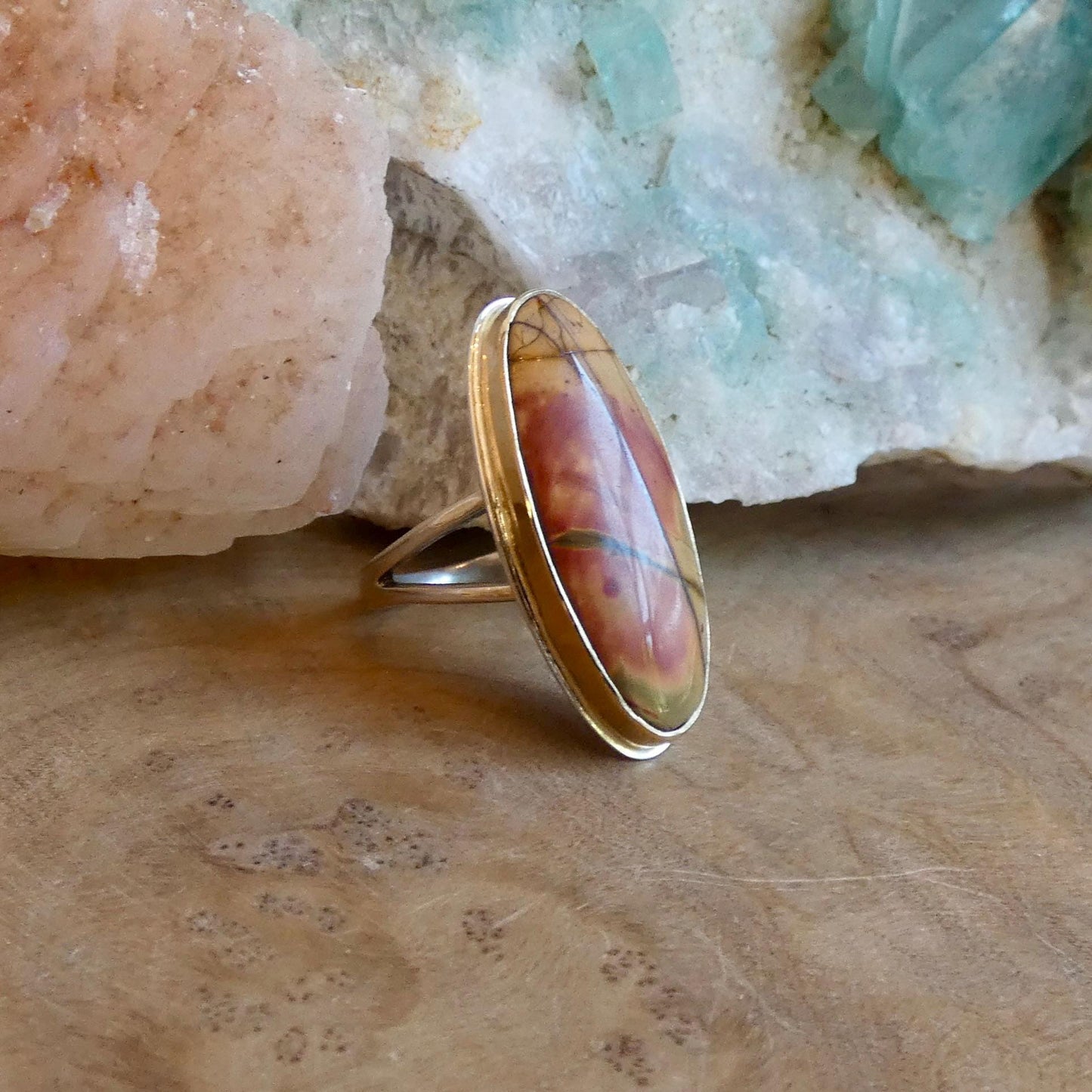 Red Creek Jasper Ring - 18K Solid Gold Bezel - Size 5 - 6 - Sterling Silver