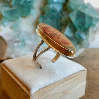 Red Creek Jasper Ring - 18K Solid Gold Bezel - Size 5 - 6 - Sterling Silver