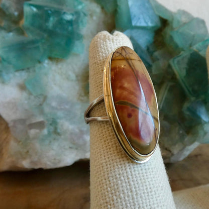 Red Creek Jasper Ring - 18K Solid Gold Bezel - Size 5 - 6 - Sterling Silver