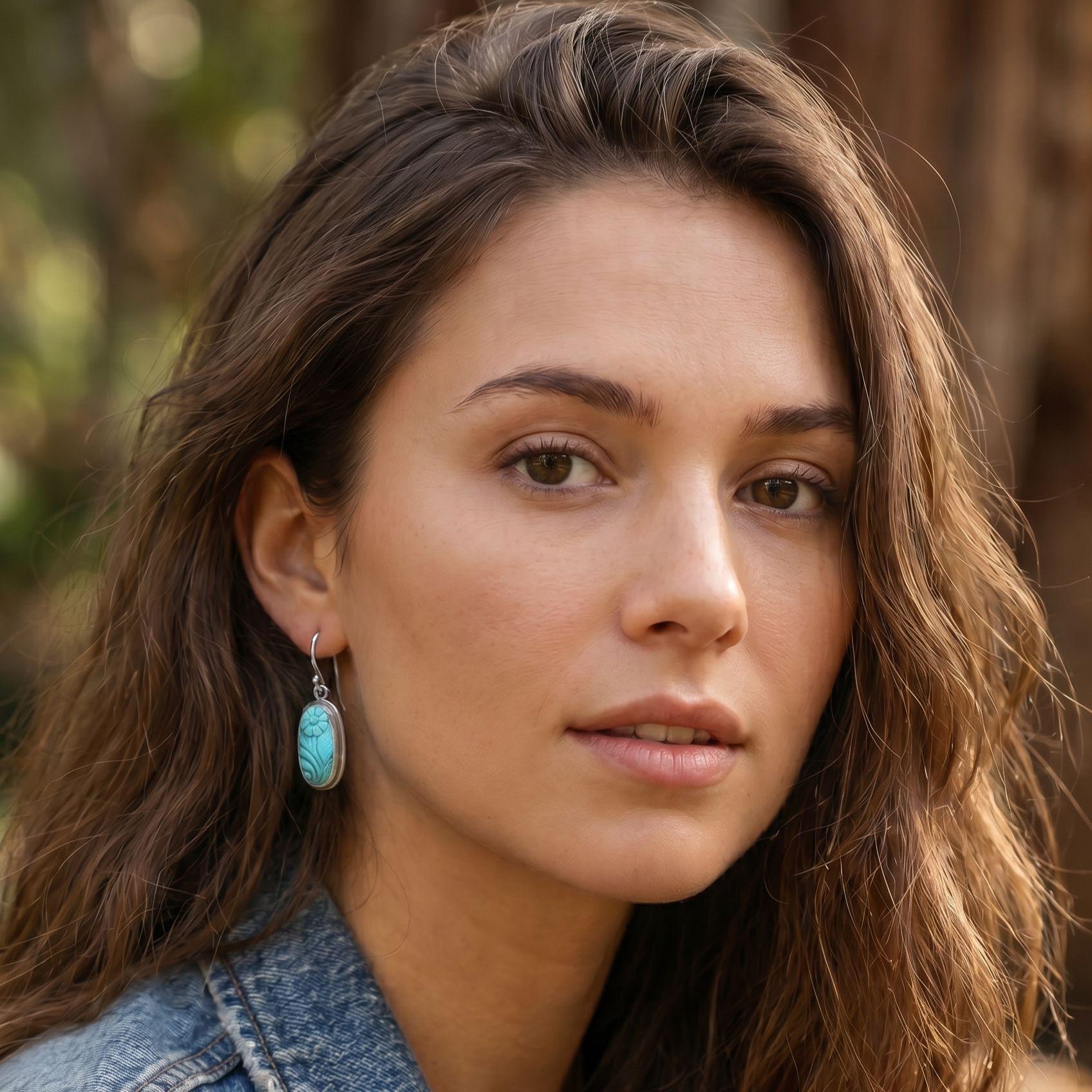 Carved Turquoise Earrings – Floral Sterling Silver Drops