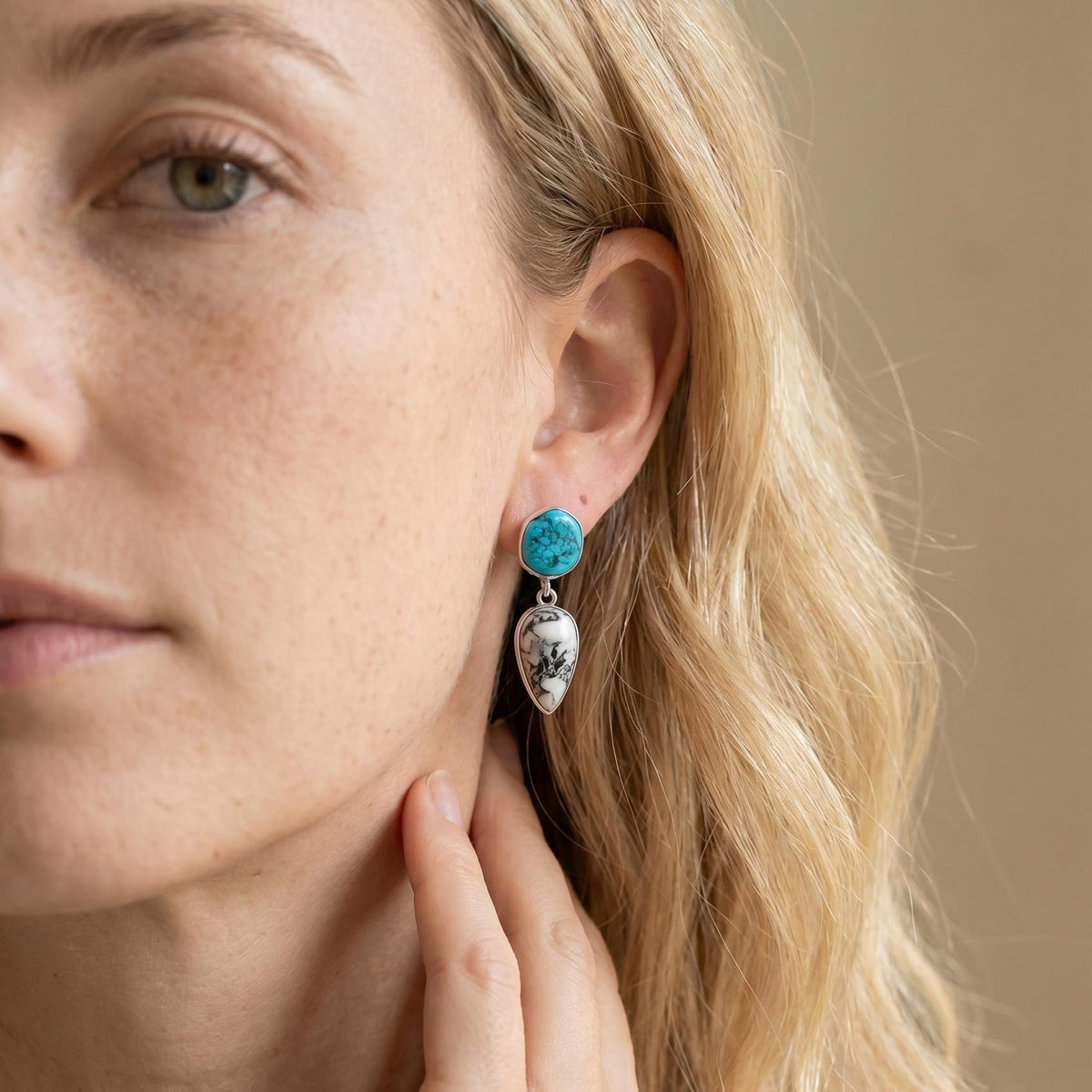 Sterling Silver White Buffalo and Kingman Turquoise Drop Earrings – Choose Your Pair
