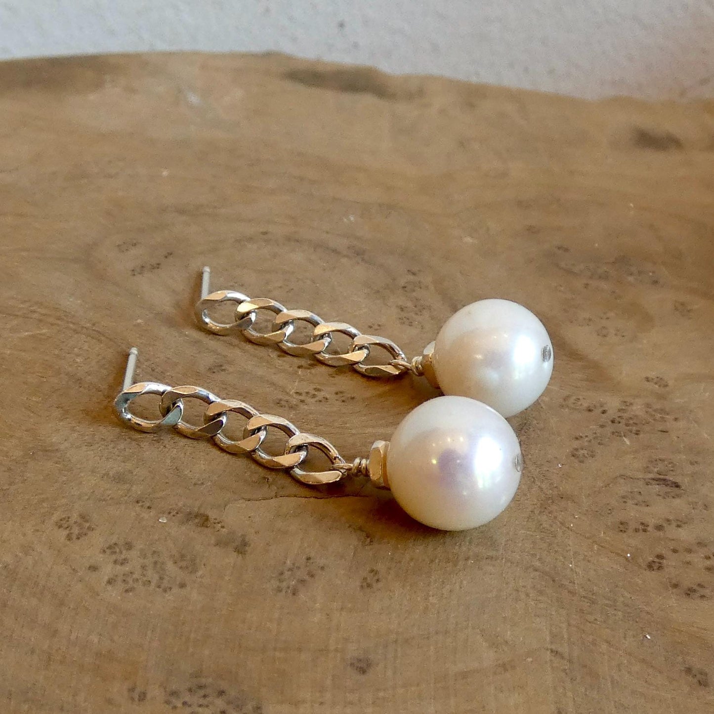 Chunky Pearl Chain Earrings - Sterling Silver Posts - Freshwater Pearls