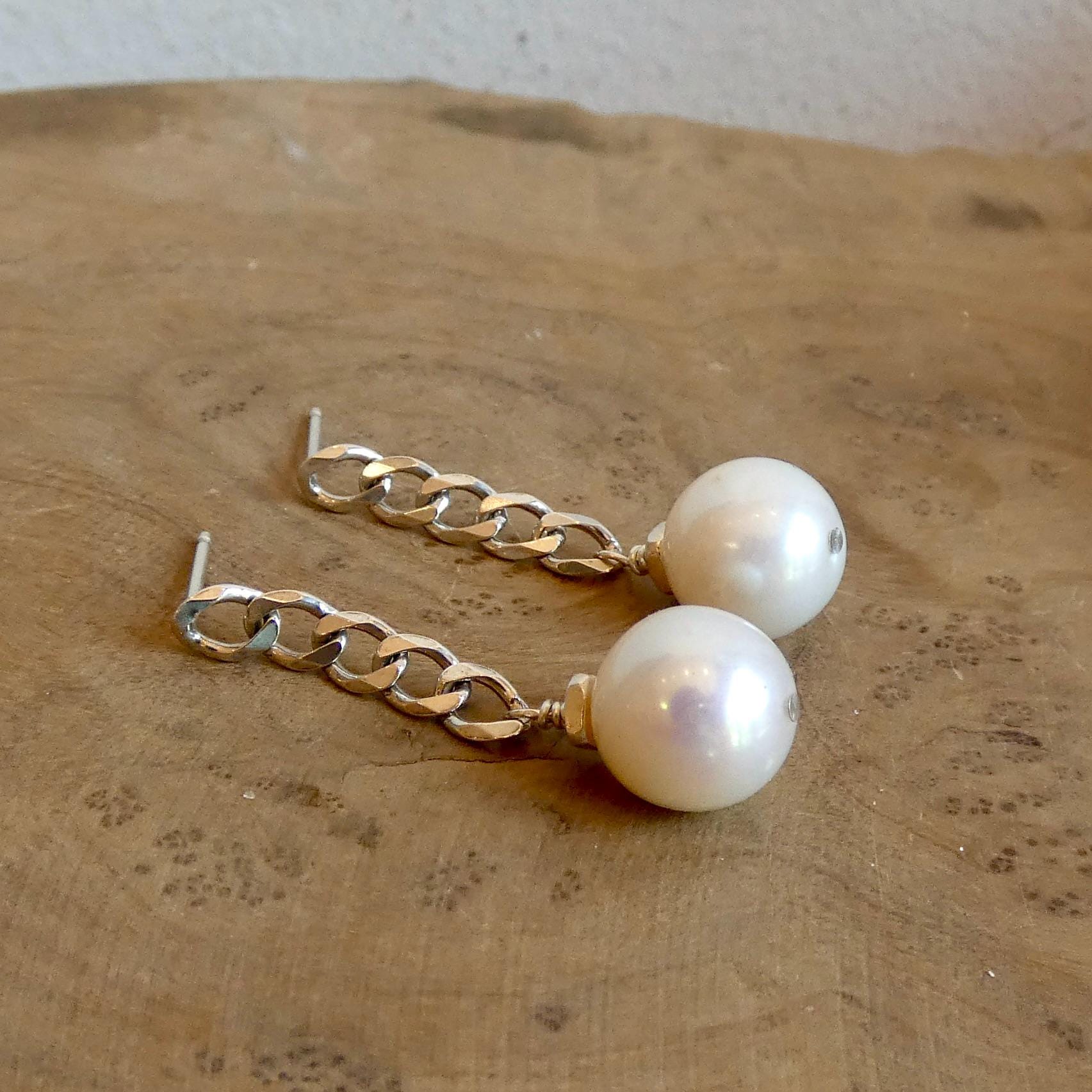Chunky Pearl Chain Earrings - Sterling Silver Posts - Freshwater Pearls