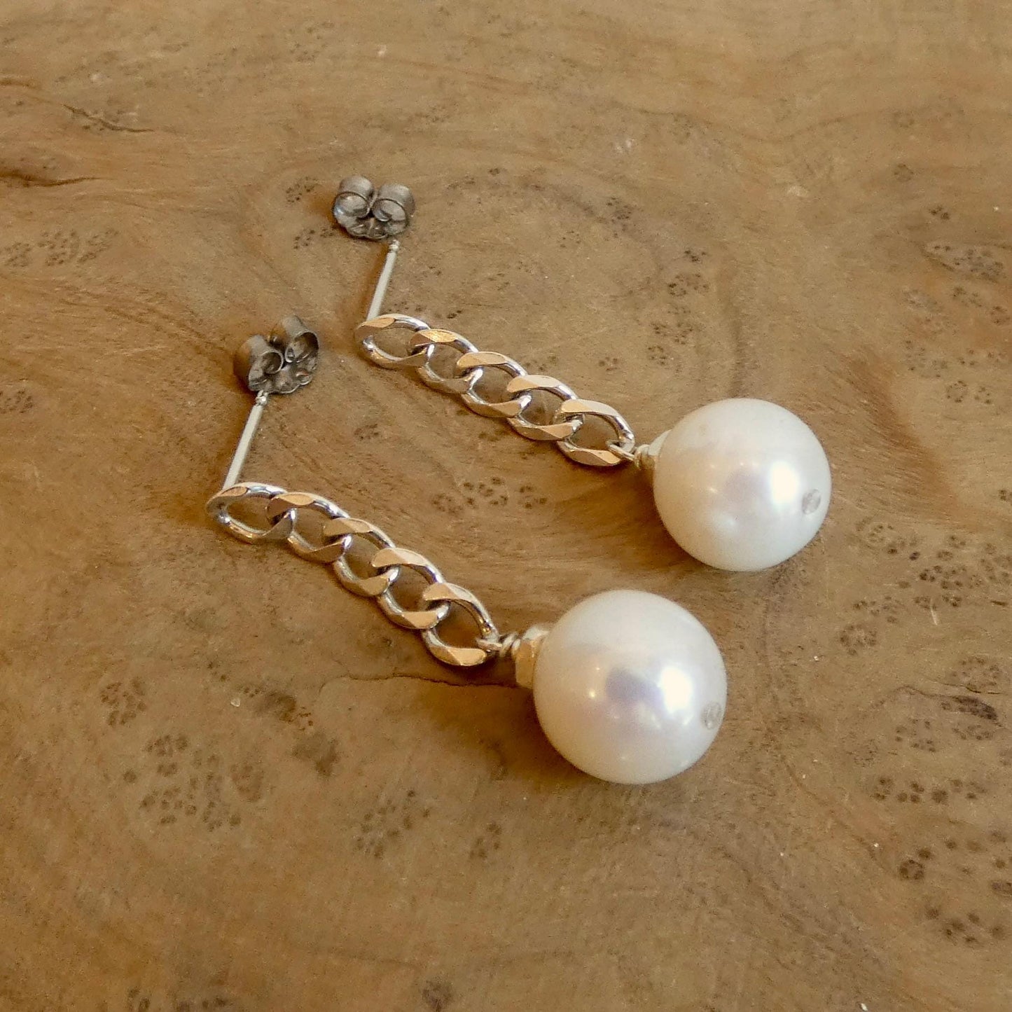 Chunky Pearl Chain Earrings - Sterling Silver Posts - Freshwater Pearls