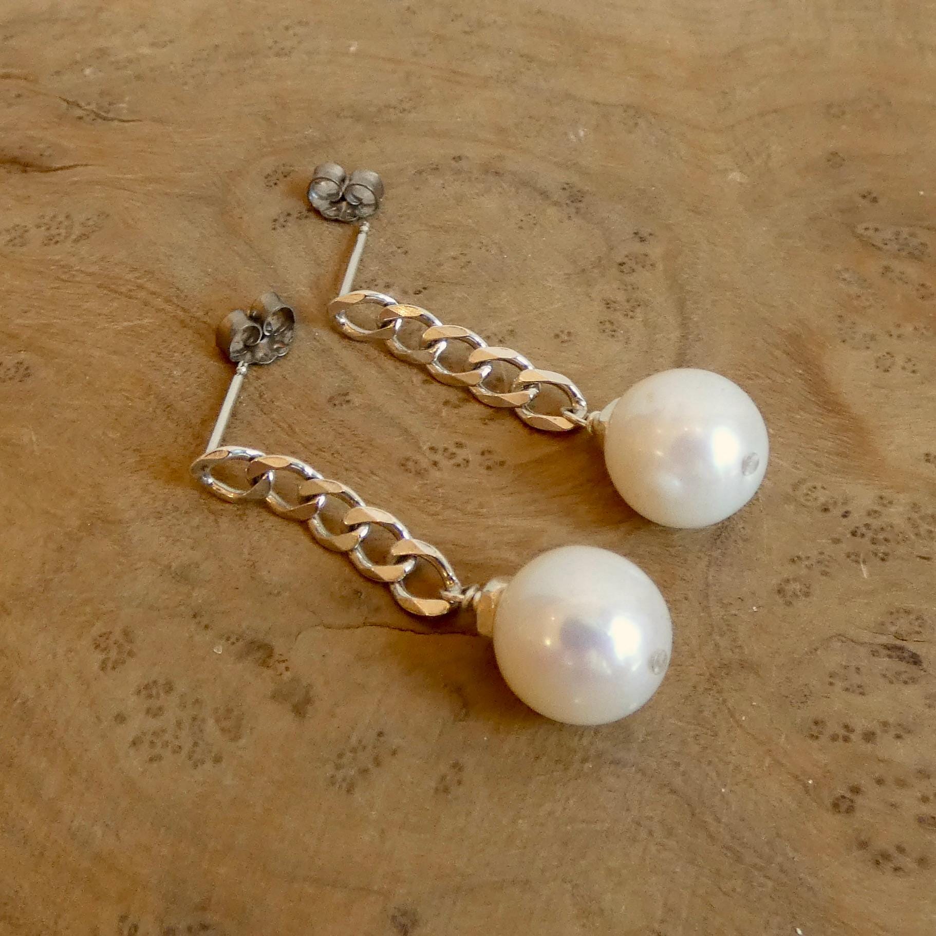 Chunky Pearl Chain Earrings - Sterling Silver Posts - Freshwater Pearls