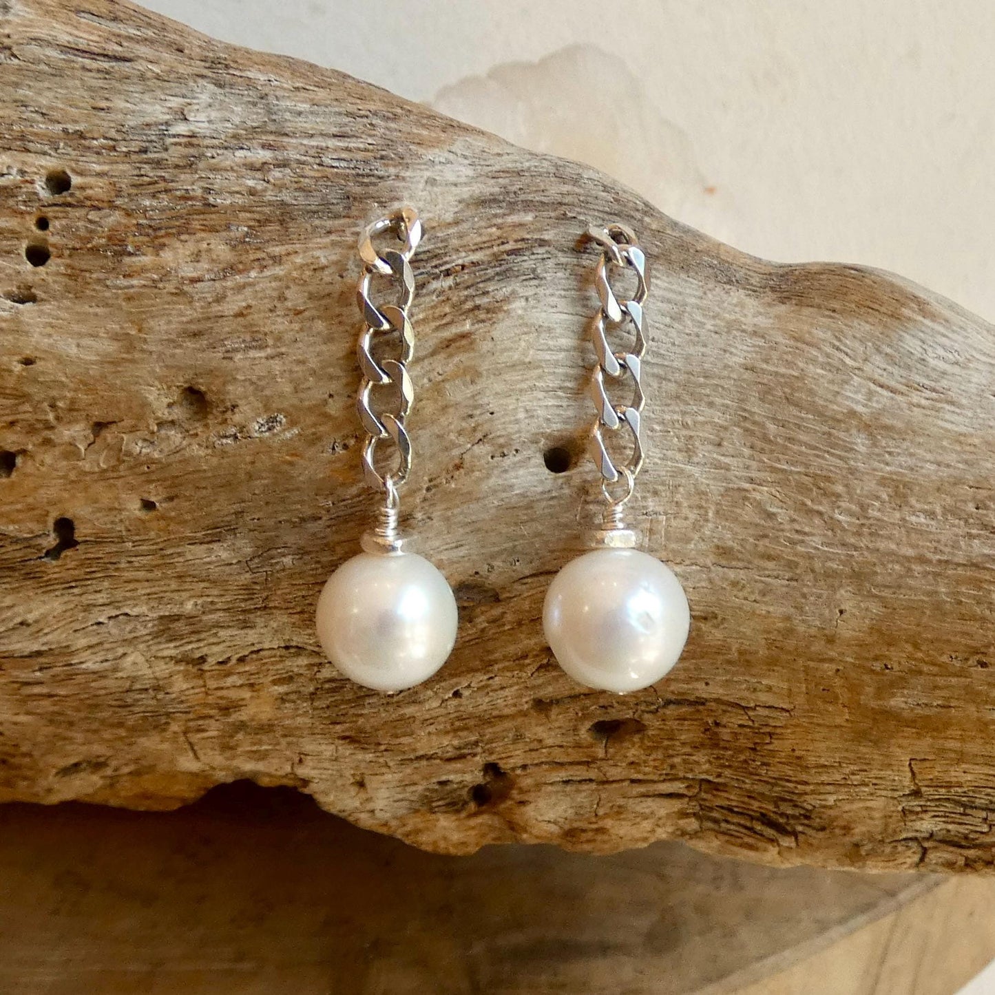 Chunky Pearl Chain Earrings - Sterling Silver Posts - Freshwater Pearls
