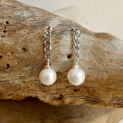 Chunky Pearl Chain Earrings - Sterling Silver Posts - Freshwater Pearls