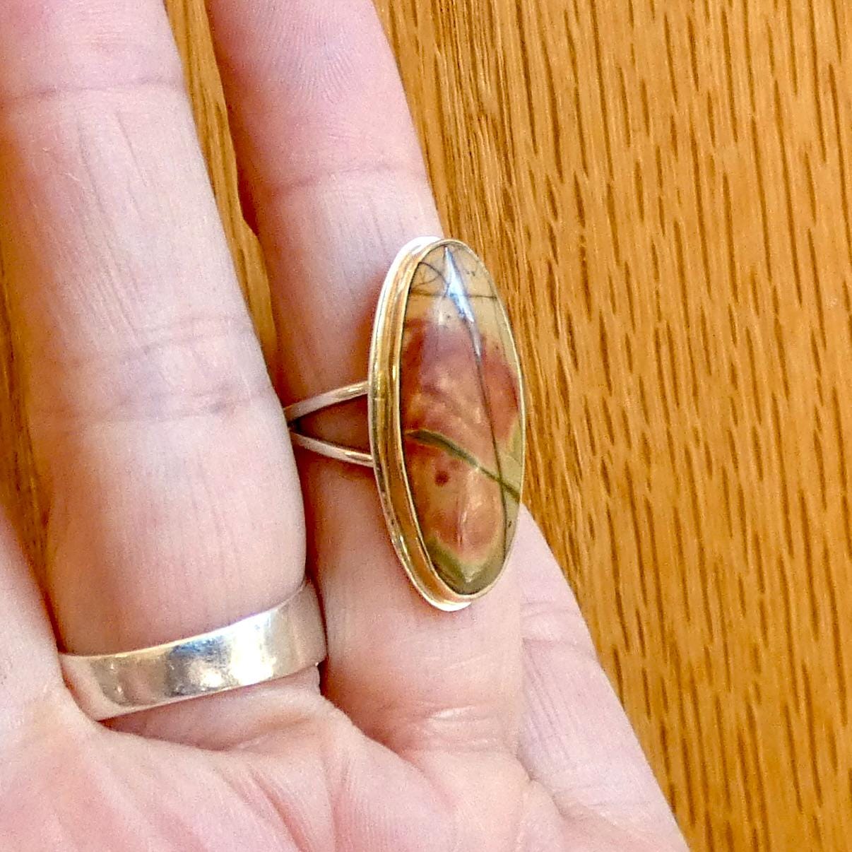 Red Creek Jasper Ring - 18K Solid Gold Bezel - Size 5 - 6 - Sterling Silver