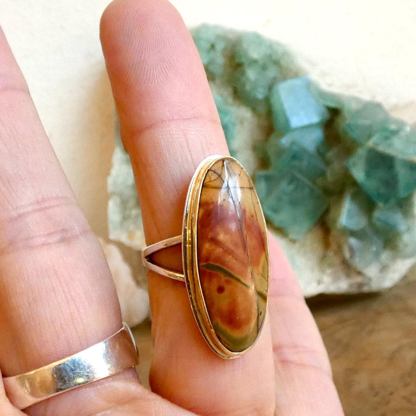 Red Creek Jasper Ring - 18K Solid Gold Bezel - Size 5 - 6 - Sterling Silver