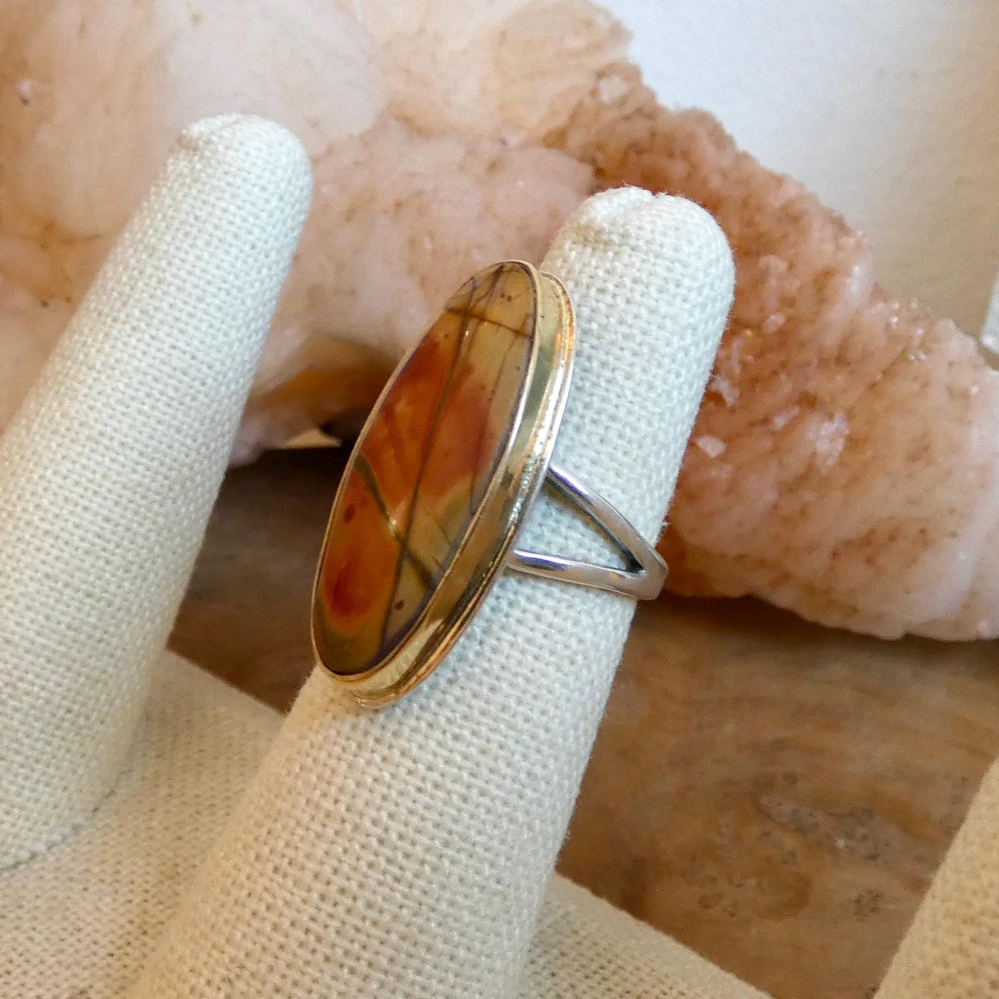 Red Creek Jasper Ring - 18K Solid Gold Bezel - Size 5 - 6 - Sterling Silver