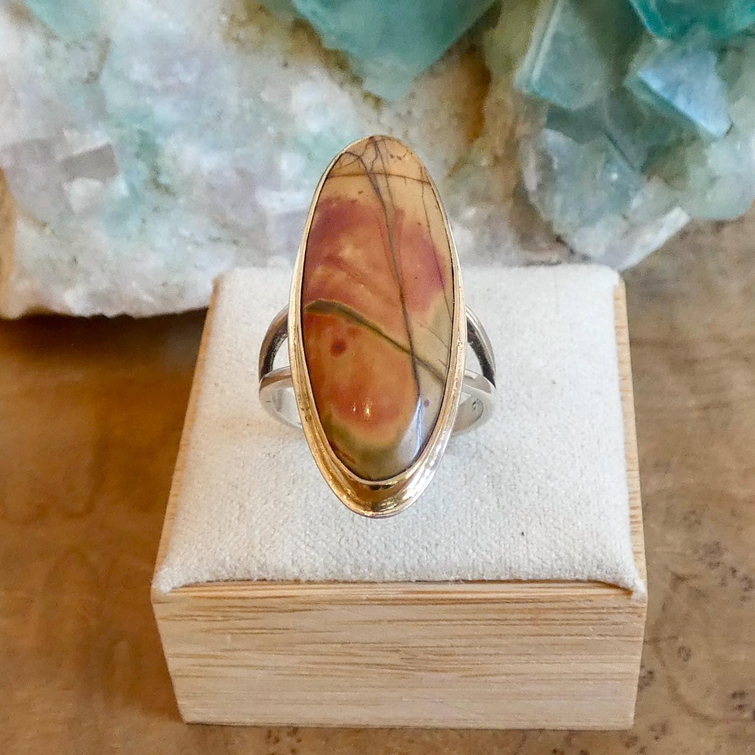 Red Creek Jasper Ring - 18K Solid Gold Bezel - Size 5 - 6 - Sterling Silver