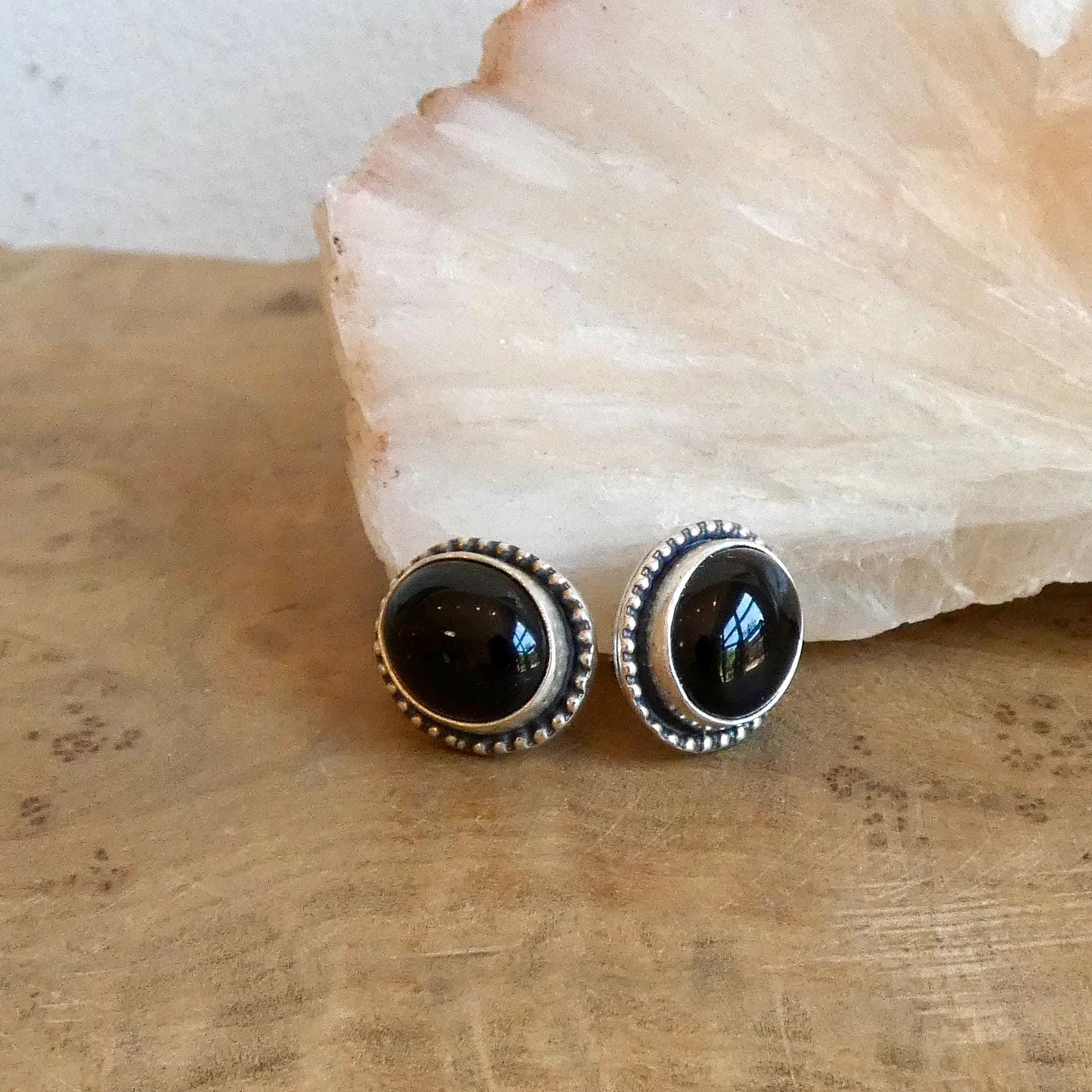 Black Agate Posts - Sterling Silver Earrings - Black Onyx Studs