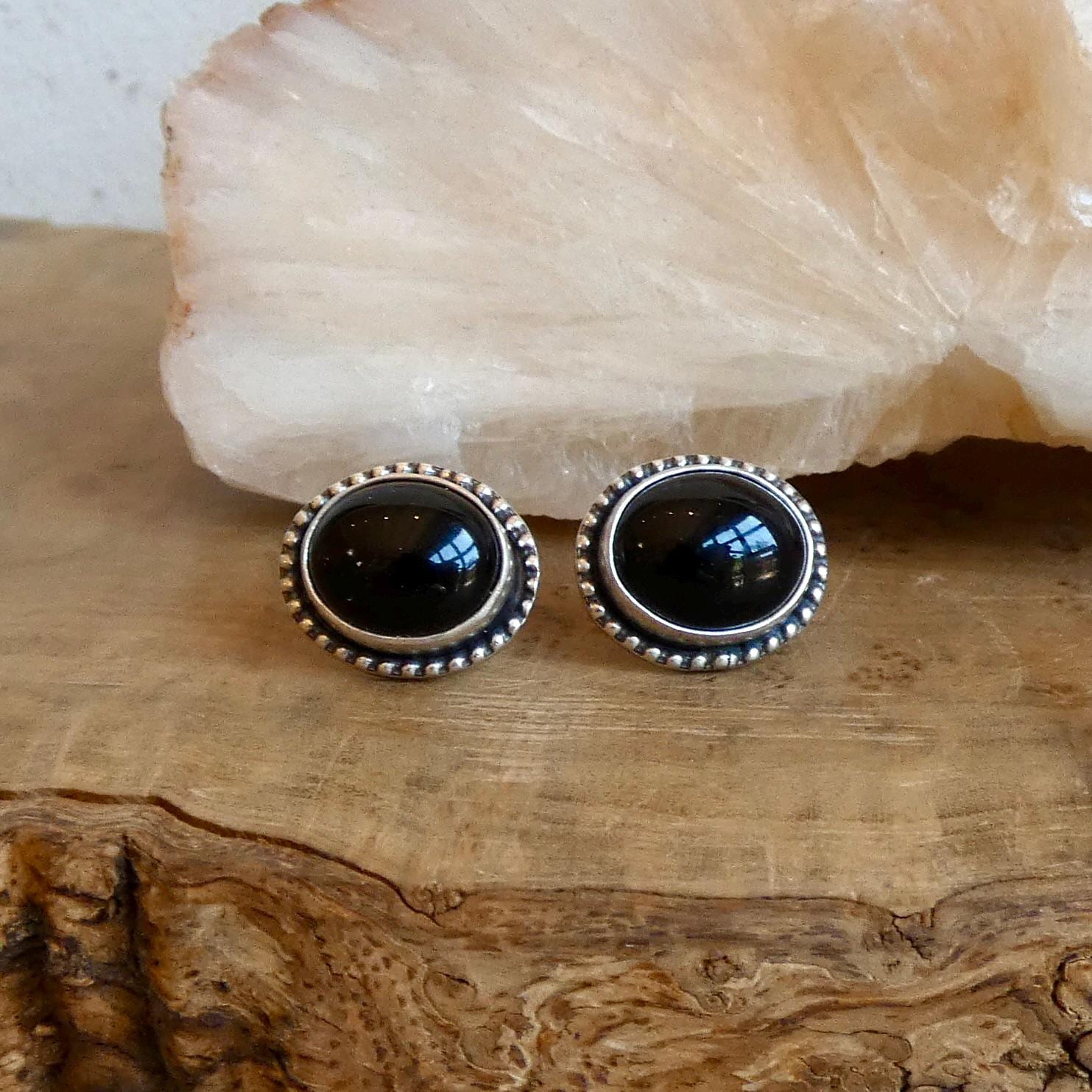 Black Agate Posts - Sterling Silver Earrings - Black Onyx Studs