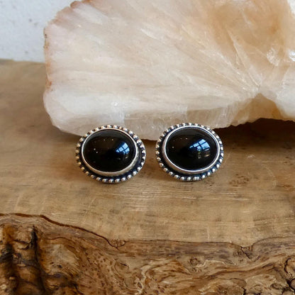 Black Agate Posts - Sterling Silver Earrings - Black Onyx Studs