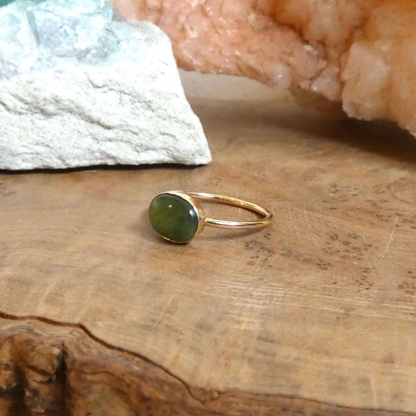 Green Nephrite Jade - Solid 18K Gold Ring - East West Oval