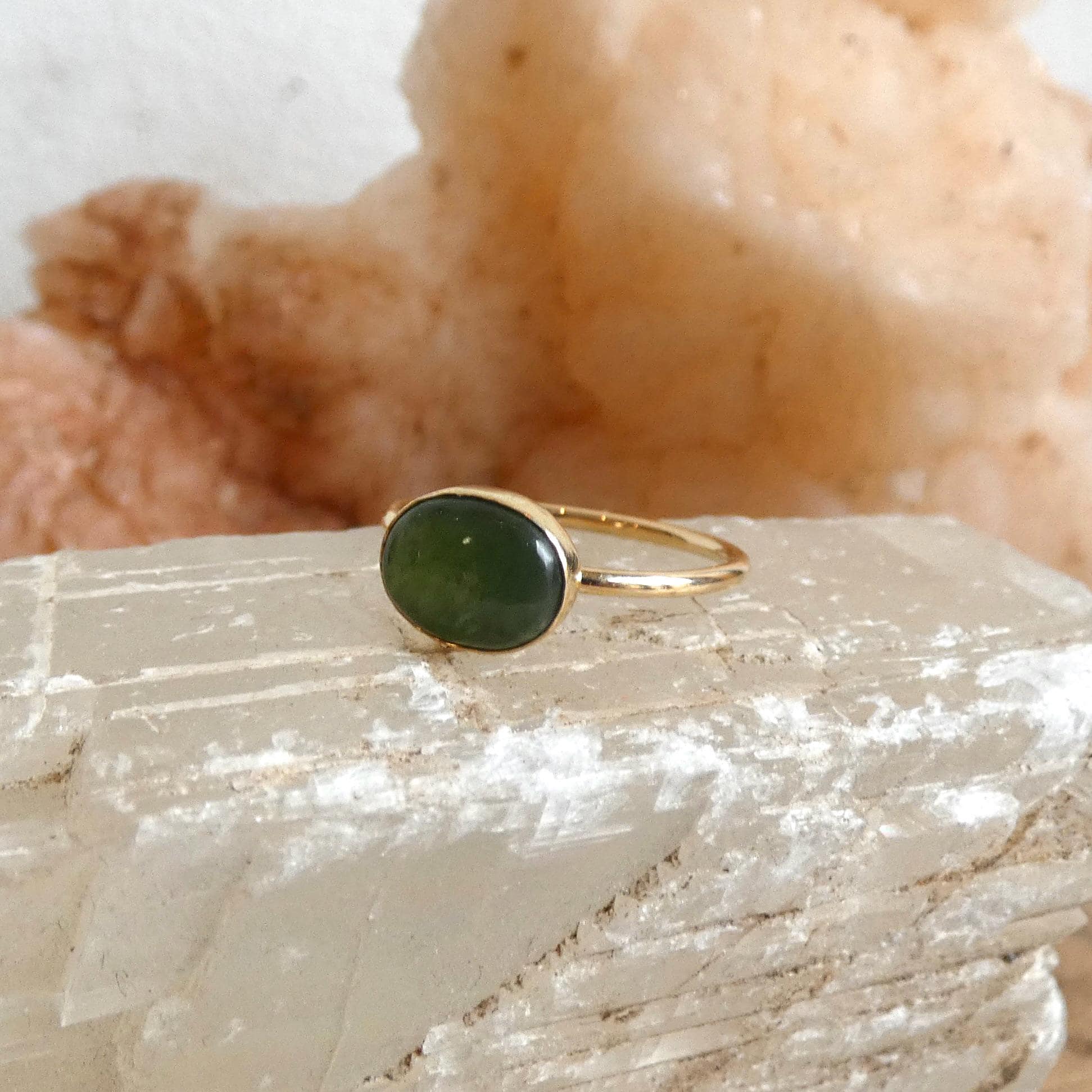 Green Nephrite Jade - Solid 18K Gold Ring - East West Oval