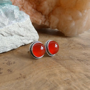Carnelian Earrings - Orange Carnelian Round Studs - Big Orange Post Earrings