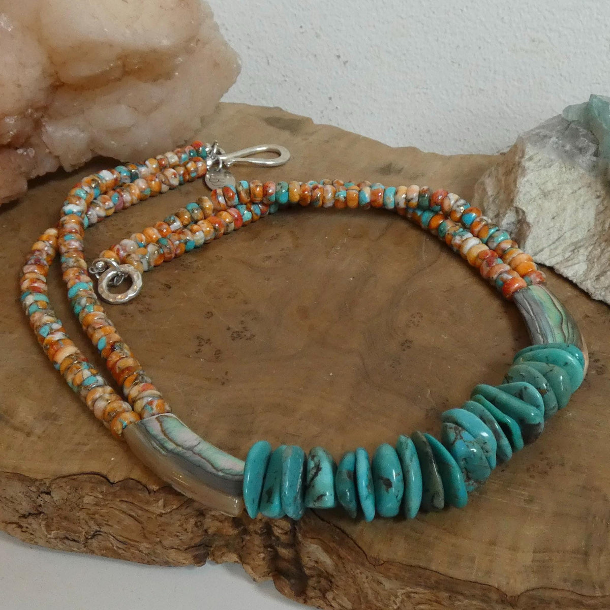 Turquoise Spiny Oyster Beaded Necklace - Abalone Shell Jewelry - .999 Silver