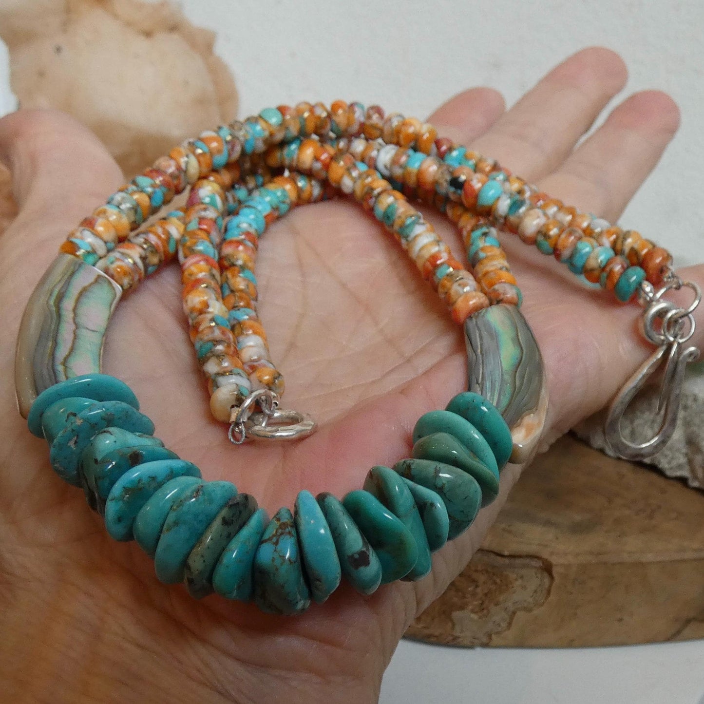Turquoise Spiny Oyster Beaded Necklace - Abalone Shell Jewelry - .999 Silver