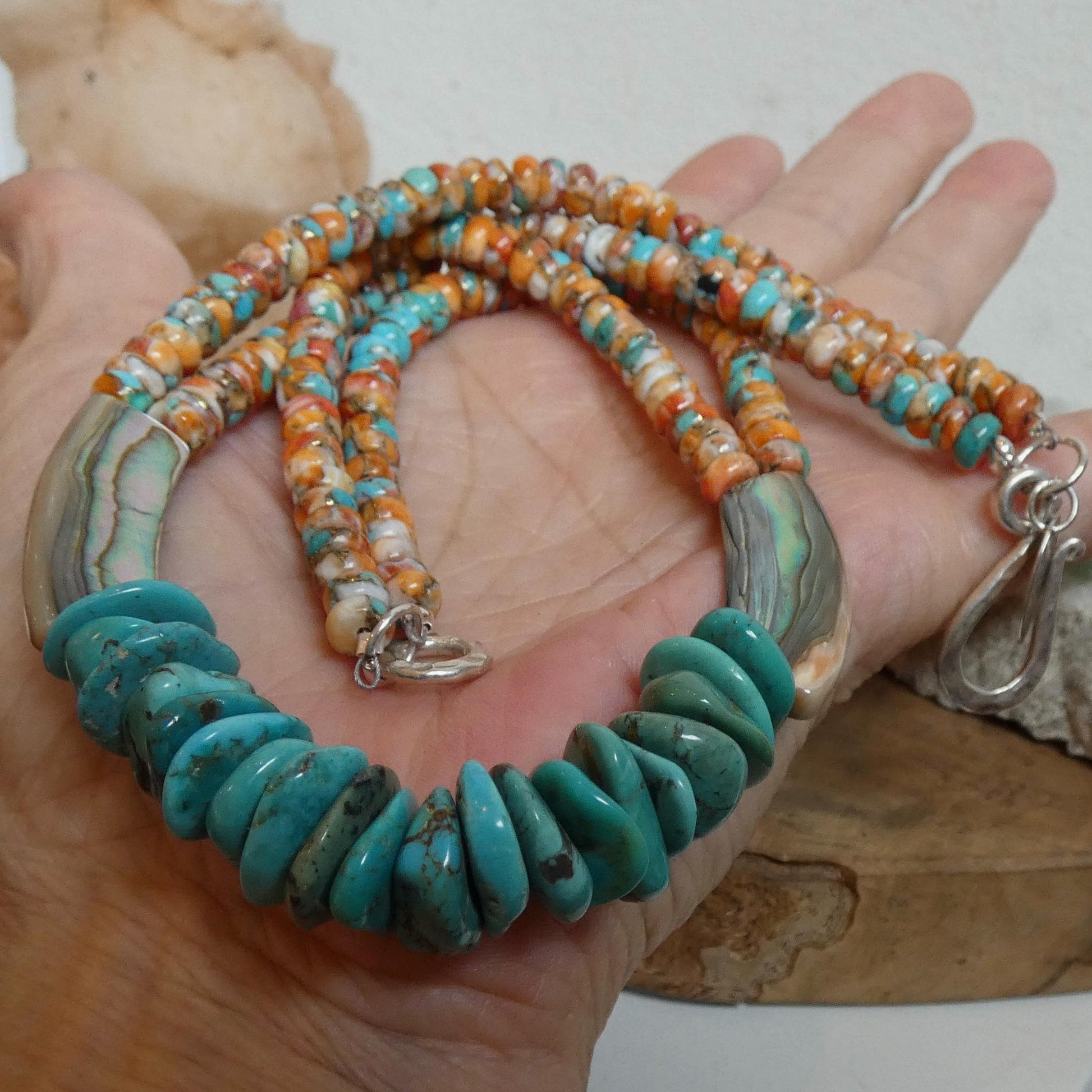 Turquoise Spiny Oyster Beaded Necklace - Abalone Shell Jewelry - .999 Silver
