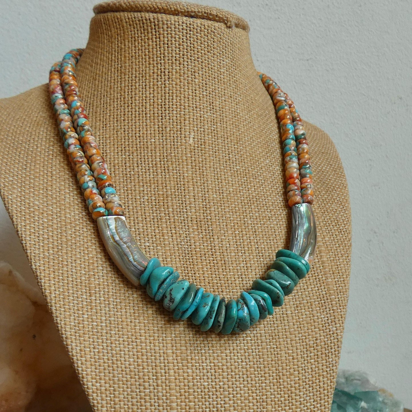 Turquoise Spiny Oyster Beaded Necklace - Abalone Shell Jewelry - .999 Silver