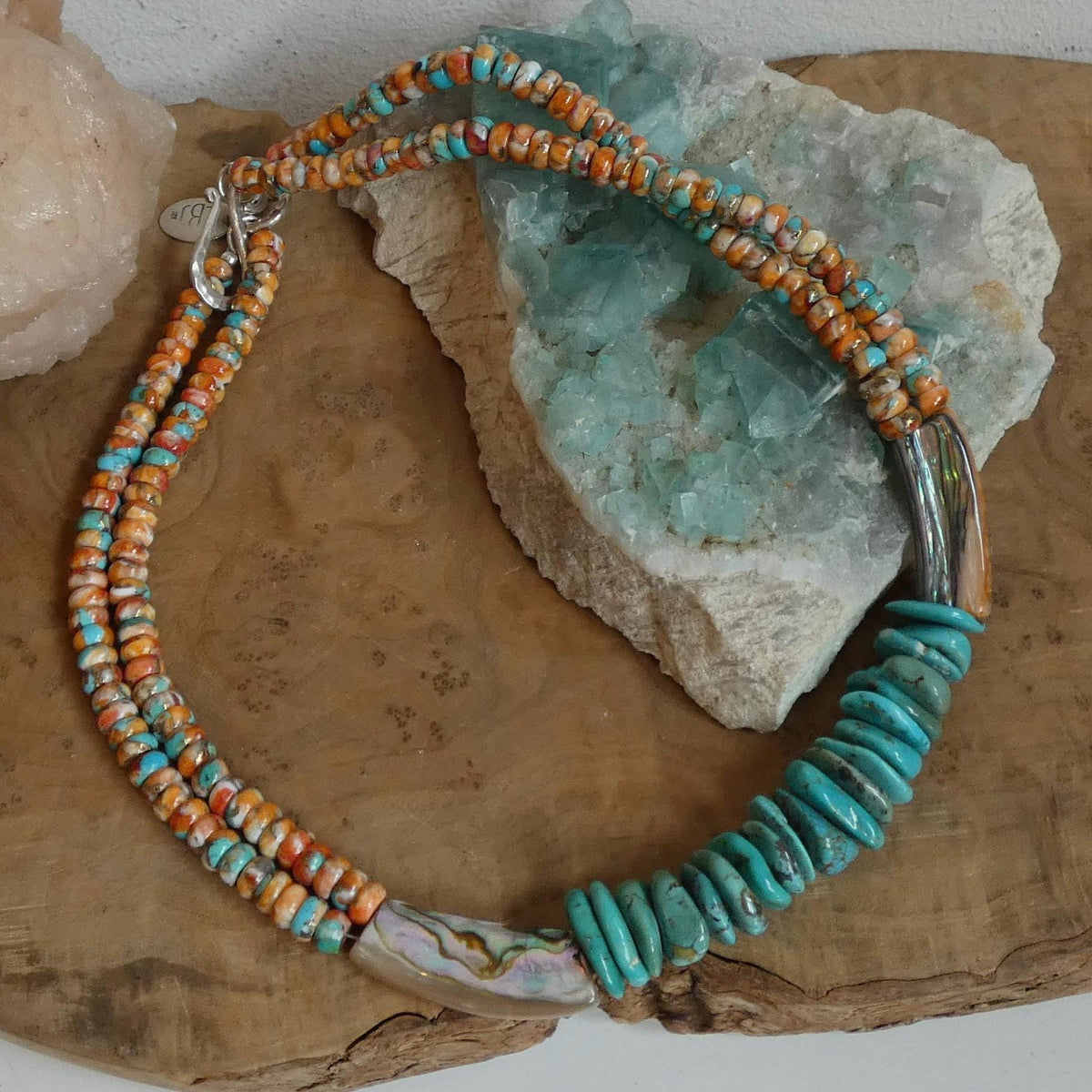 Turquoise Spiny Oyster Beaded Necklace - Abalone Shell Jewelry - .999 Silver