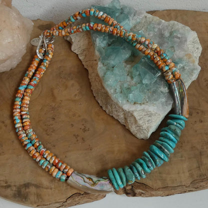 Turquoise Spiny Oyster Beaded Necklace - Abalone Shell Jewelry - .999 Silver