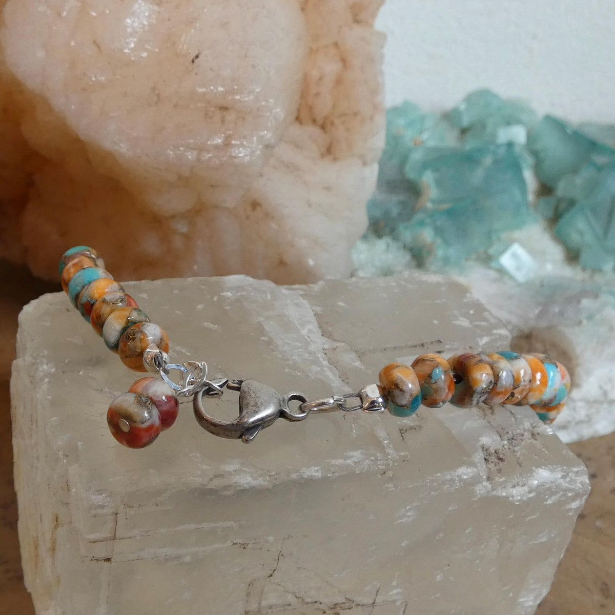 Turquoise Spiny Oyster Beaded Bracelet - .925 Sterling Silver