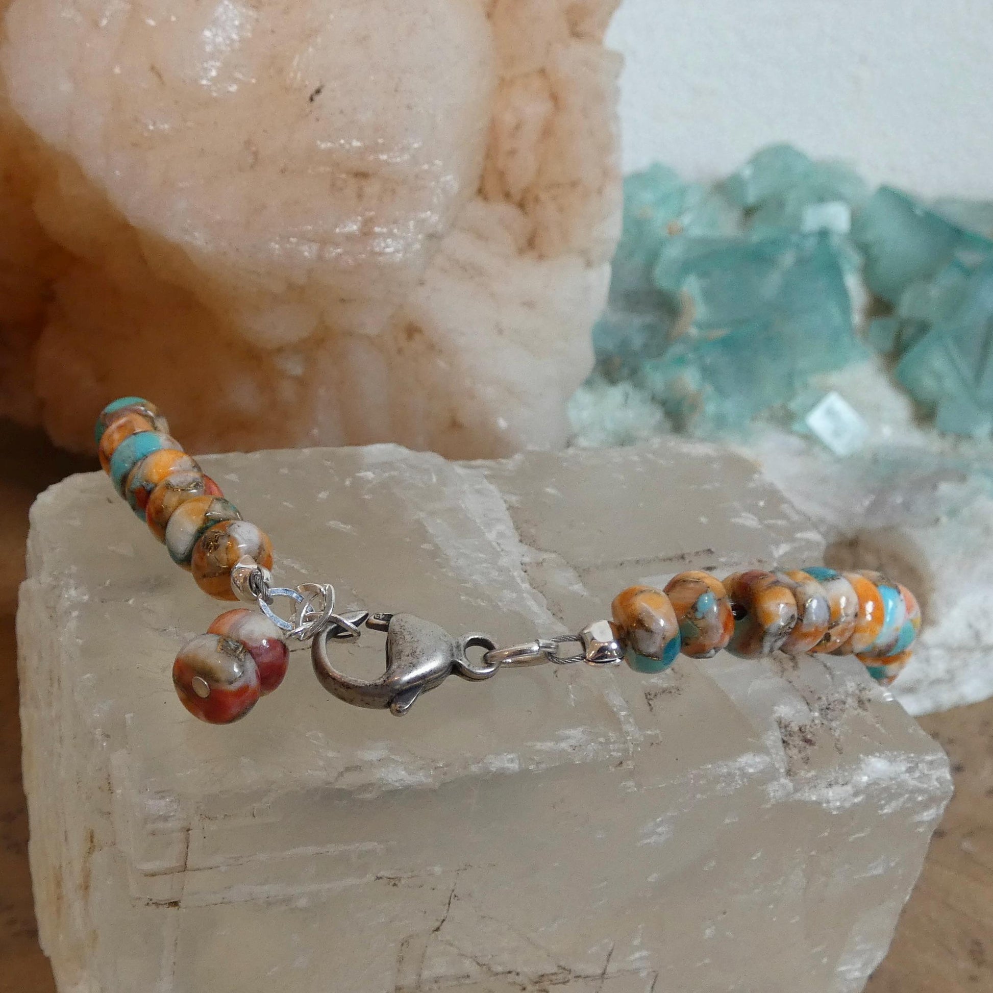 Turquoise Spiny Oyster Beaded Bracelet - .925 Sterling Silver