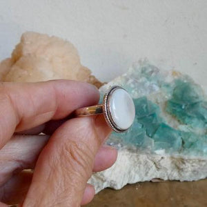 Round Mother of Pearl Boho Ring - White Nacre Statement Ring - Sterling Silver