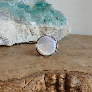 Round Mother of Pearl Boho Ring - White Nacre Statement Ring - Sterling Silver