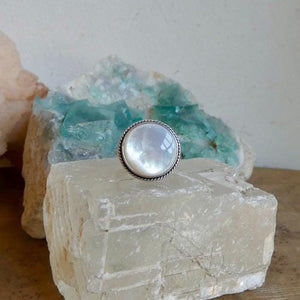 Round Mother of Pearl Boho Ring - White Nacre Statement Ring - Sterling Silver