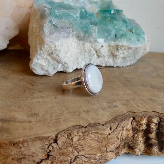 Round Mother of Pearl Boho Ring - White Nacre Statement Ring - Sterling Silver