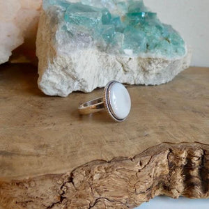 Round Mother of Pearl Boho Ring - White Nacre Statement Ring - Sterling Silver