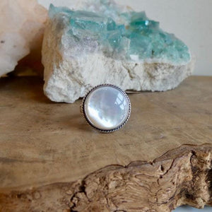 Round Mother of Pearl Boho Ring - White Nacre Statement Ring - Sterling Silver