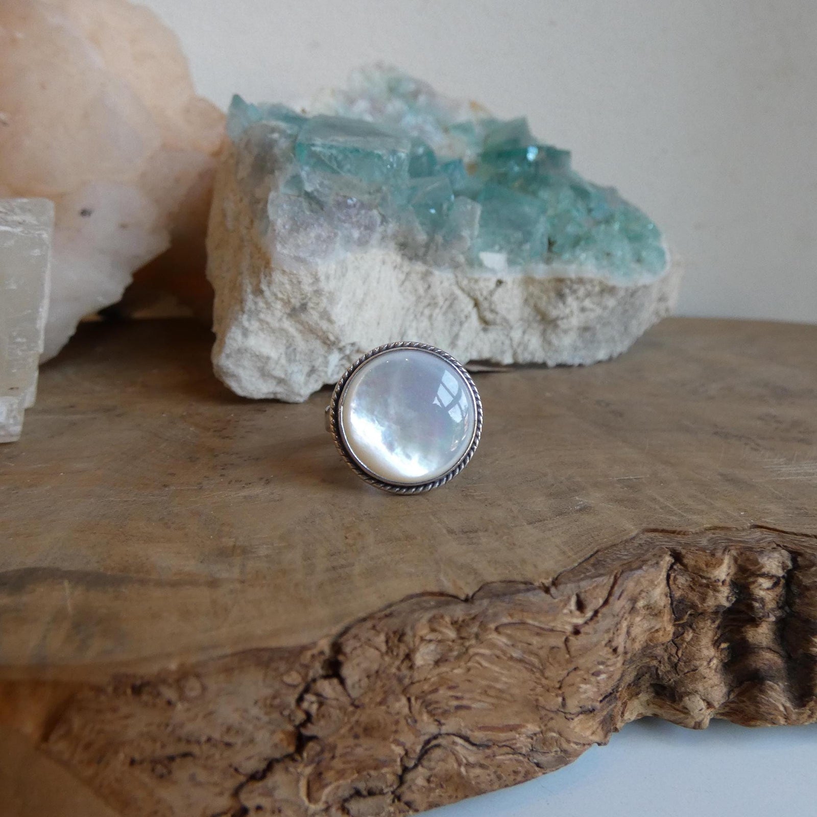 Round Mother of Pearl Boho Ring - White Nacre Statement Ring - Sterling Silver