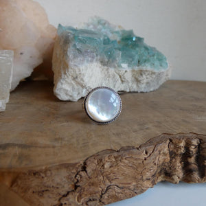 Round Mother of Pearl Boho Ring - White Nacre Statement Ring - Sterling Silver