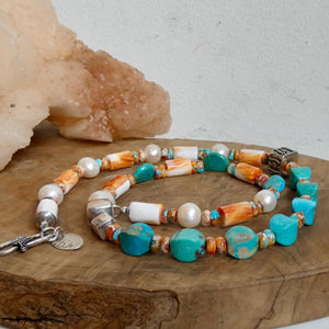 Turquoise Spiny Oyster Beaded Necklace - 11mm Freshwater Pearls - Old Bali Silver