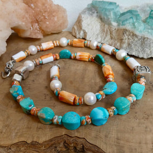 Turquoise Spiny Oyster Beaded Necklace - 11mm Freshwater Pearls - Old Bali Silver