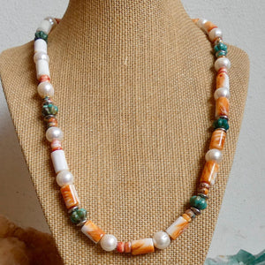 Orange Spiny Oyster Shell Turquoise Necklace -Sterling Silver