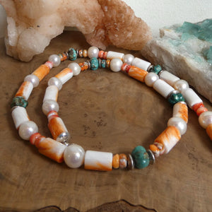 Orange Spiny Oyster Shell Turquoise Necklace -Sterling Silver