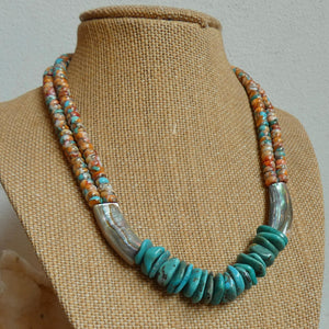 Turquoise Spiny Oyster Beaded Necklace - Abalone Shell Jewelry - .999 Silver