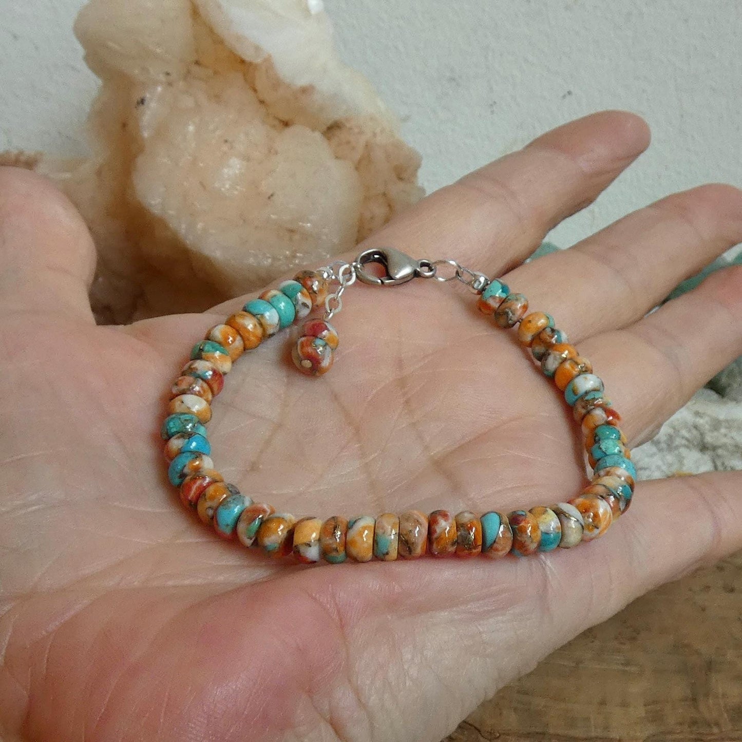 Turquoise Spiny Oyster Beaded Bracelet - .925 Sterling Silver
